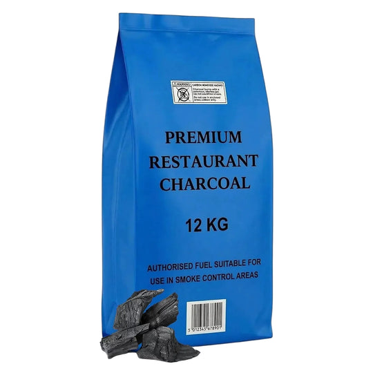 A 12 kg blue bag of Premium Restaurant Charcoal, with a few loose charcoal briquettes shown at the bottom left, on a plain white background. Pallet Deal : 50 x Premium Restaurant Grade Charcoal 12kg