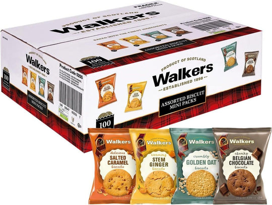 Box of Walkers assorted biscuit mini packs on a white background Pallet Deal : 9,900 x Walker's Assorted Biscuits Mini Packs Twin 25g (100/ctn)