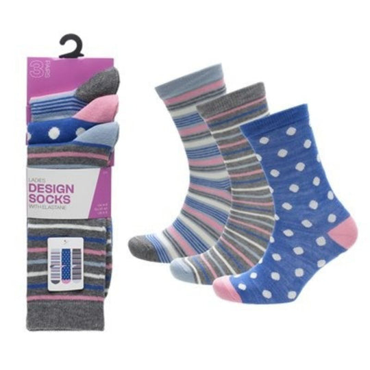 Ladies Design Socks With Elastane 3 Pack - Case of 4