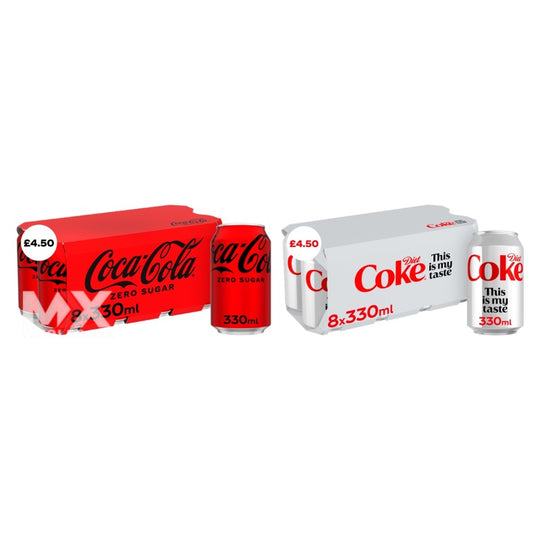 Pallet Deal : 2,880 x Diet Coke & Coca-Cola Zero Sugar 330ml 8 Pack Cans Assorted Varieties PMP £4.50 (120x3/8pk)