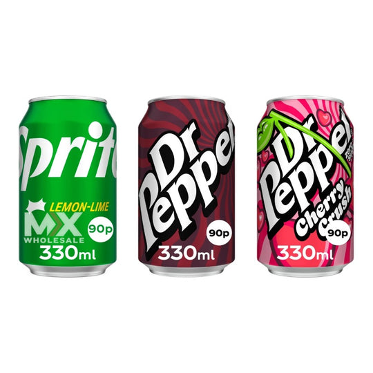 Pallet Deal : 2,880 x Dr Pepper & Sprite 330ml Cans Assorted Varieties PMP 90p (120x24pk)