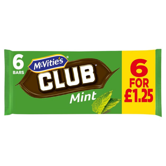 McVitie's Club Mint Milk Chocolate Biscuit Bars 136g 6 Pack PMP £1.25 - Case of 12