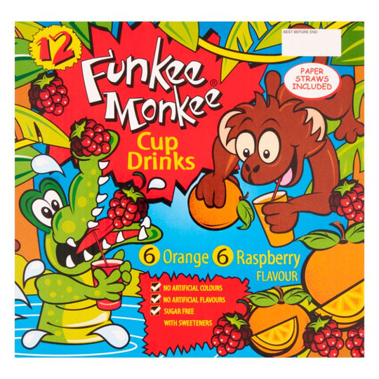 Funkee Monkee Sugar Free Cup Drinks 6 Orange & 6 Raspberry 200ml 12 Pack