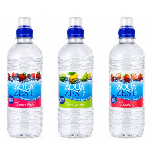 Three bottles of Aqua Zest water with different fruit flavors Pallet Deal : 1,728 Aqua Zest Flavoured Spring Water (Still) Bottles Assorted Flavours 500ml Sports Cap (12pk)