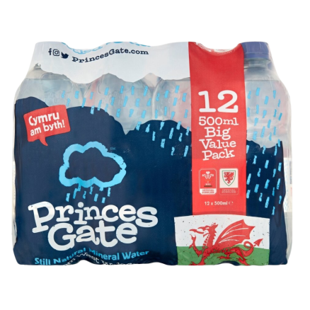 A 12-pack of Princes Gate Still Natural Mineral Water 500ml bottles in a clear plastic carrier with a printed wrap label. The packaging features the brand name 'Princes Gate' in white, a red vertical banner reading '12 500ml Big Value Pack', a blue rain-cloud graphic, and a red Welsh dragon on a white background. Princes Gate Still Spring Water 500ml Bottles - Case 12
