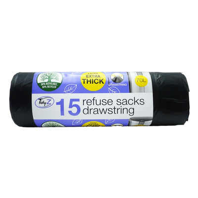 TidyZ Extra Thick Black Refuse Sacks Bags Drawstring 70L 15 Pack