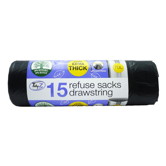 TidyZ Extra Thick Black Refuse Sacks Bags Drawstring 70L 15 Pack