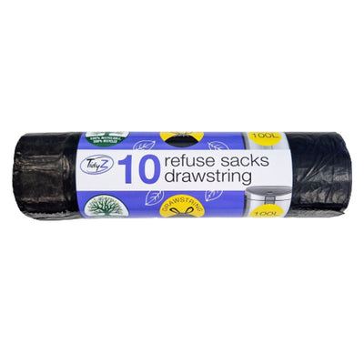 TidyZ Super Strong Black Refuse Sacks Bags Drawstring 100L 10 Pack Roll