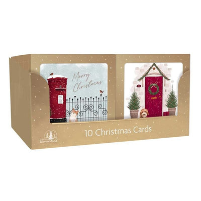 Square Boxed Christmas Cards Post box & Door 10Pack