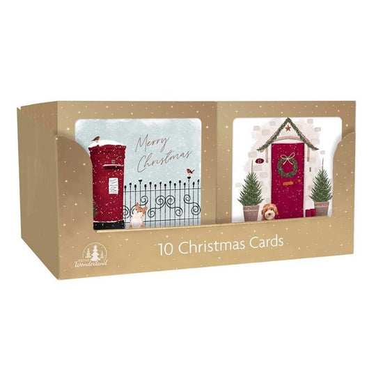 Square Boxed Christmas Cards Post box & Door 10Pack