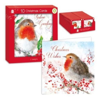 Square Boxed Christmas Cards Robin 10 Pack