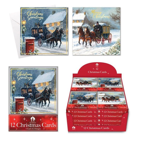 Square Boxed Christmas Cards Acetate Square Coach & Horse 12 Pack