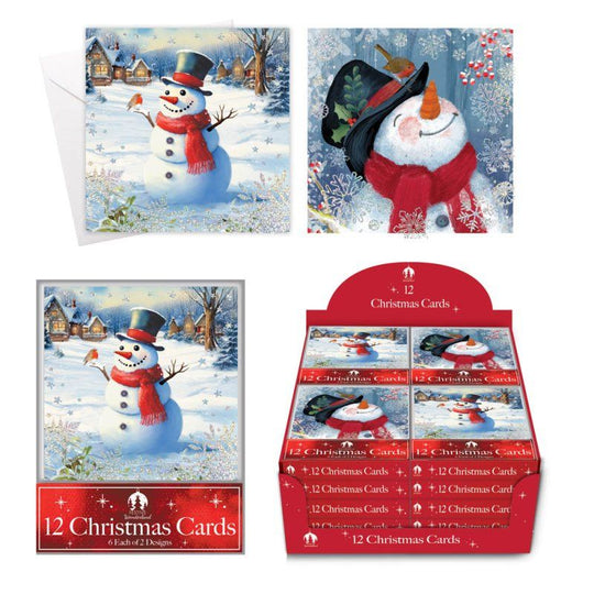 Square Boxed Christmas Cards Acetate Snowman Scene