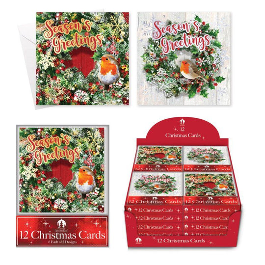 Christmas Cards Acetate Painted Robin, Wreath 12 Pack