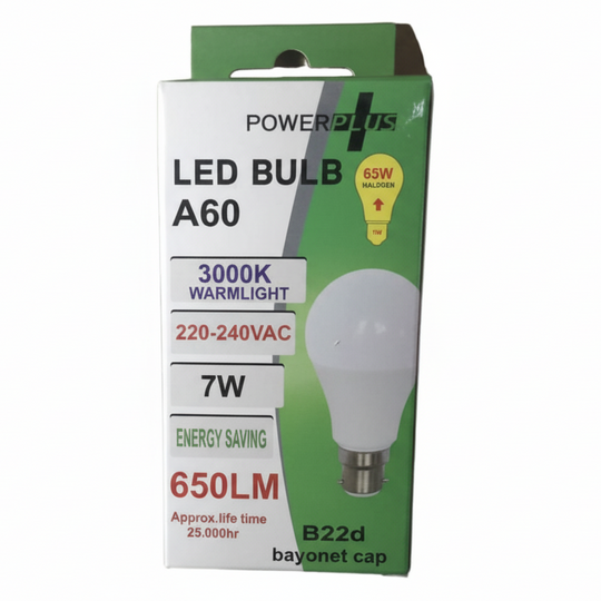 Powerplus LED Bulb A60 B22 7W(65W) Warm Light - Case of 12