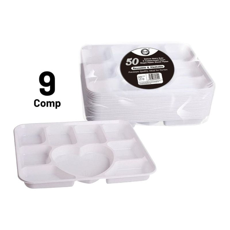 DID Reusable Deluxe Heavy-Duty 9 Heart Shape Compartment Plates 50 Pac ...