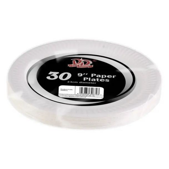 DID Disposable Paper Plates 23cm (9”) White 30 Pack