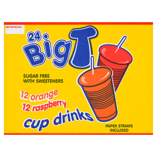 Pallet Deal : 4,032 Big Time Sugar Free Cup Drinks Mixed Pack 12 Orange & 12 Raspberry 200ml (24pk) Box of 24 Big T sugar-free cup drinks with orange and raspberry flavours