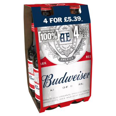 Budweiser Lager Beer Bottles 300ml 4 Pack PMP £5.39 - Case of 6