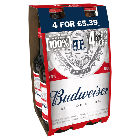 Budweiser Lager Beer Bottles 300ml 4 Pack PMP £5.39 - Case of 6