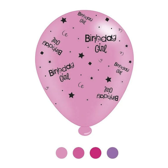 "Birthday Girl" Design Latex Balloons Assorted Pinks 8 Pack - Case of 6