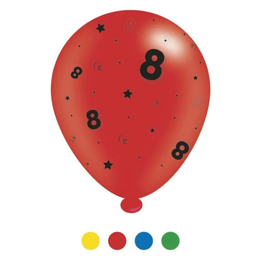 "8" Design Latex Birthday Balloons Assorted Colours 8 Pack - Case of 6
