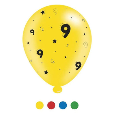 "9" Design Latex Birthday Balloons Assorted Colours 8 Pack - Case of 6