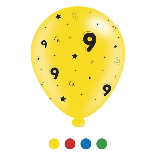 "9" Design Latex Birthday Balloons Assorted Colours 8 Pack - Case of 6