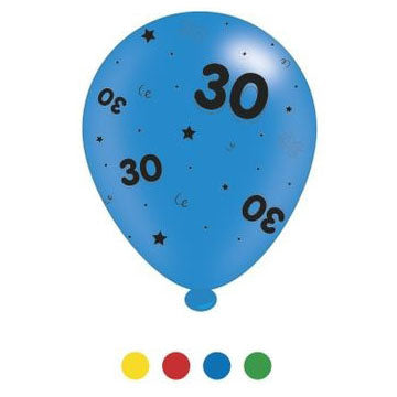 "30" Design Latex Birthday Balloons Assorted Colours 8 Pack - Case of 6