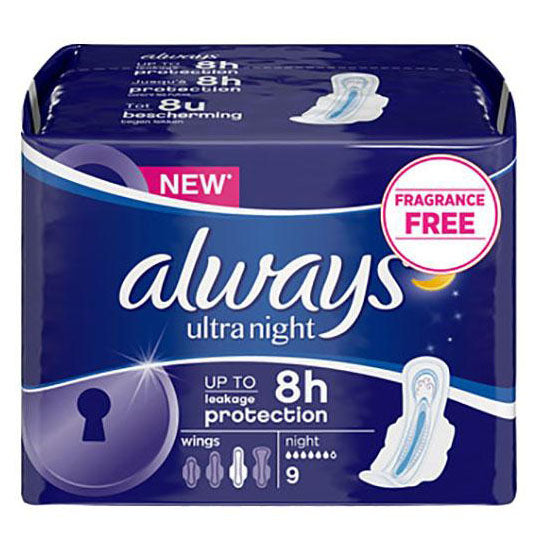 Always Ultra Night with Wings Sanitary Towels 9 Pack - Case of 16