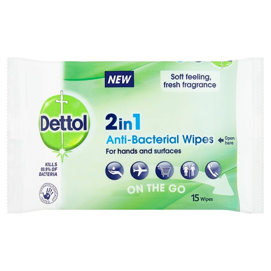 Dettol 2 in 1 Anti-Bacterial Wipes On The Go 15 Pack - Case of 9