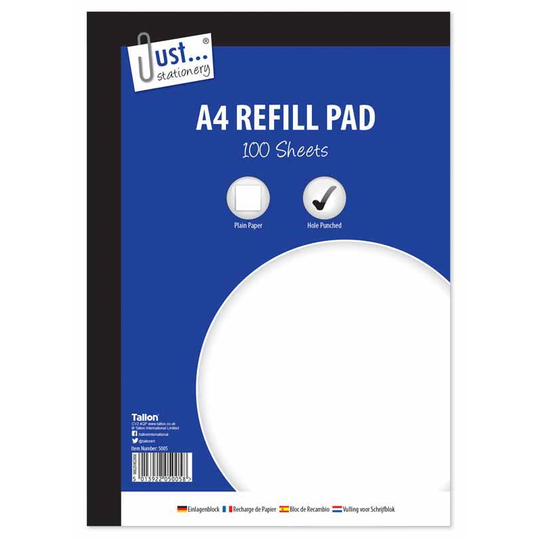 A4 Plain Refill Pad 100 Sheets 53gsm Sheet Side Bound - Case of 6