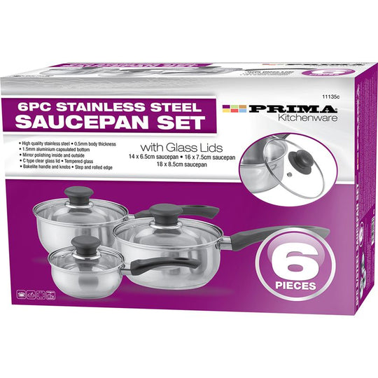 Prima Cookware Set with Glass Lids 6 Pcs