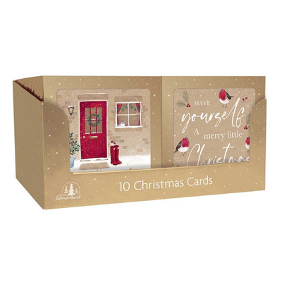 Square Boxed Christmas Cards Kraft Door & Robin Text 10 Pack