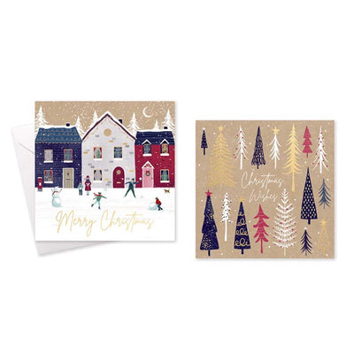 Square Boxed Christmas Cards Village & Trees 10 Pack