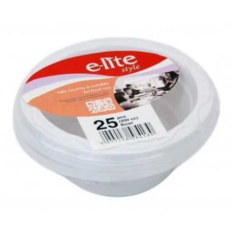 E-lite Style Disposable Plastic Bowls 200cc (5oz) White 25 Pack