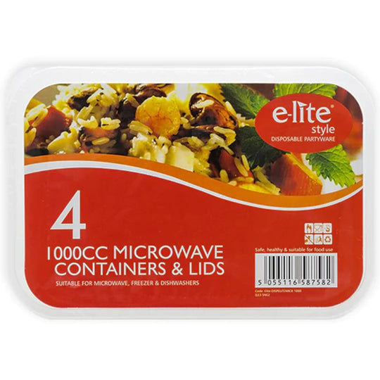 E-lite Style Microwave Containers & Lids 1000cc 4 Pack