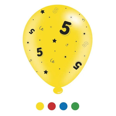"5" Design Latex Birthday Balloons Assorted Colours 8 Pack - Case of 6