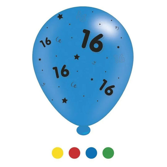 "16" Design Latex Birthday Balloons Assorted Colours 8 Pack - Case of 6