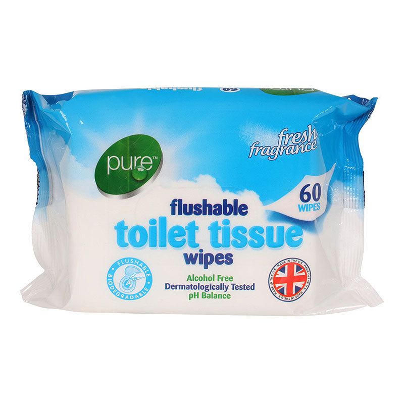 Pure Flushable Toilet Tissue Wipes 60 Pack Case of 12 Wholesale