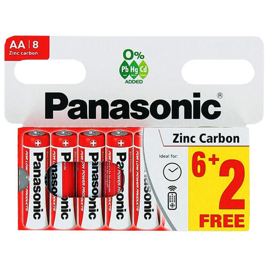 Panasonic Zinc Carbon AA Battery 8 Pack 6 + 2 Free - Case of 20