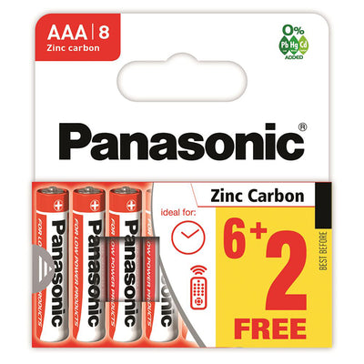 Panasonic Zinc Carbon AAA Battery 8 Pack 6 + 2 Free - Case of 20 R03