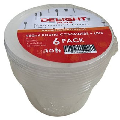 Delight Plus Round Containers with Lids 450ml 6 Pack