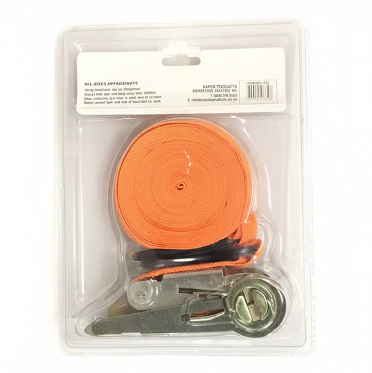 Rapide Ratchet Strap 30 Feet Orange tow strap with a metal clip in clear packaging on a white background