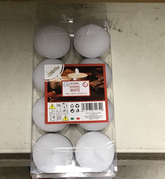 Long Burning White Tea Light Candles 8 Pack
