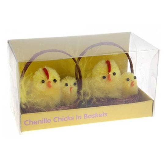 Wooden Basket With 2 Yellow Easter Chicks